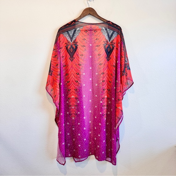 Boho Festival Sheer Kimono Duster Cardigan Red Pink Ombre Paisley XL - Picture 8 of 8